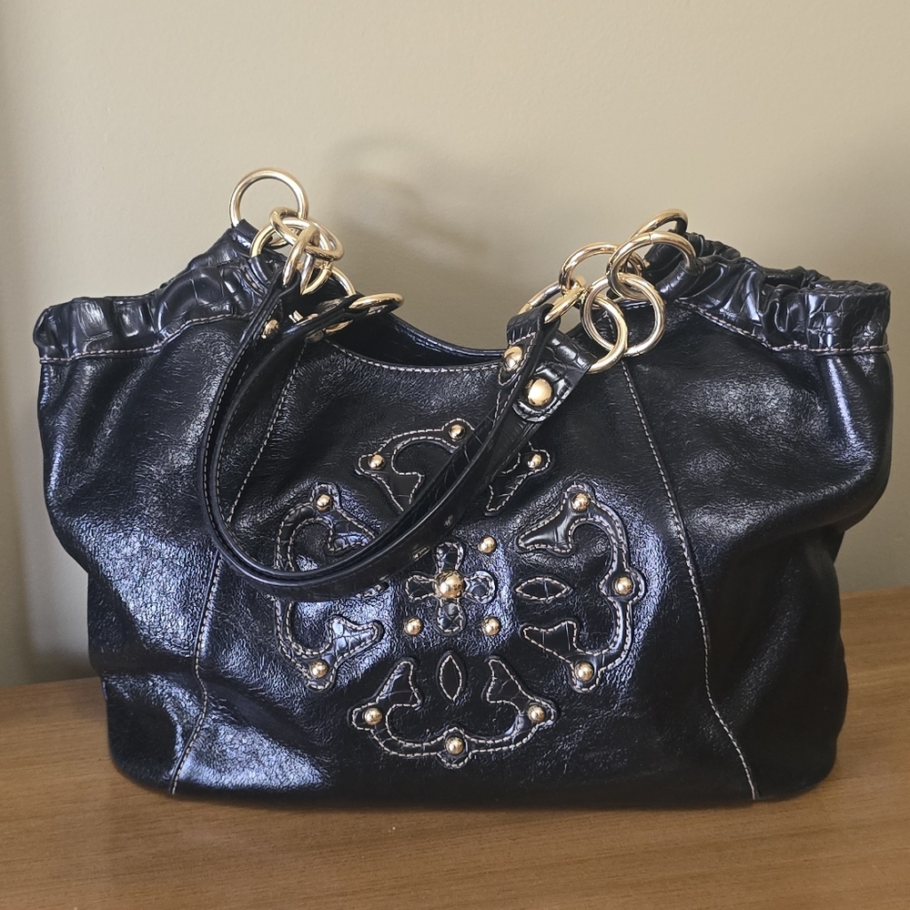 Solina Black Leather Gold Bag Purse Handbag